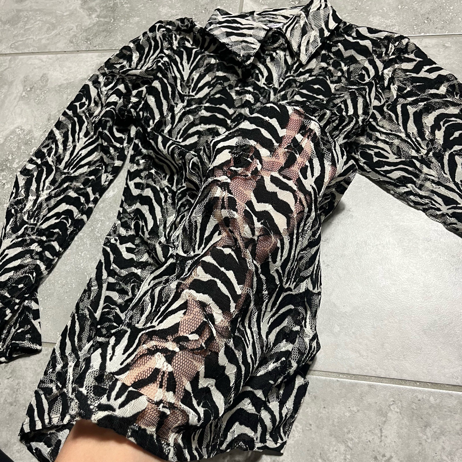 Wrangler Button Snap Shirt Womens Western Zebra Stripe Sheer Black Top y2k S