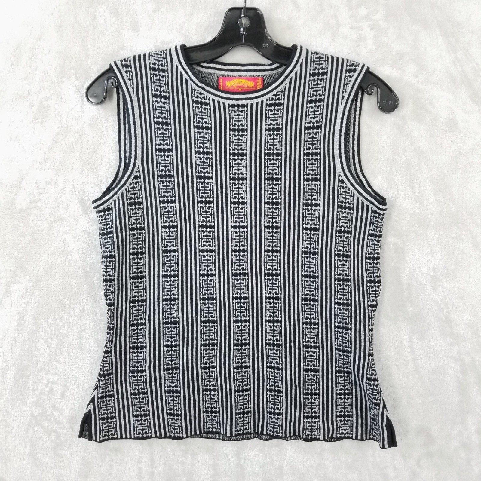 Shanghai Tang Knit Top M Black White Stripe Geometric Sleeveless Shell Eastern