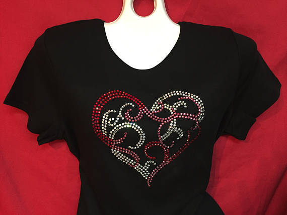 Heart Valentines Day Womens Rhinestone shirt Crystal Bling S M L Xl 1X 2X 3X