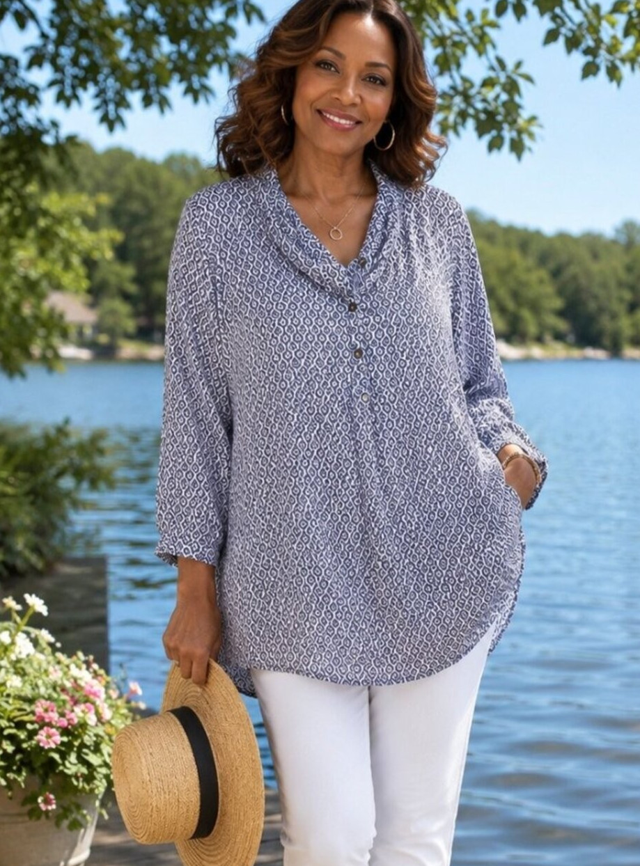 Izabel London Tunic Boho Top Blue Purple Medallion Print Roll Sleeve Size S