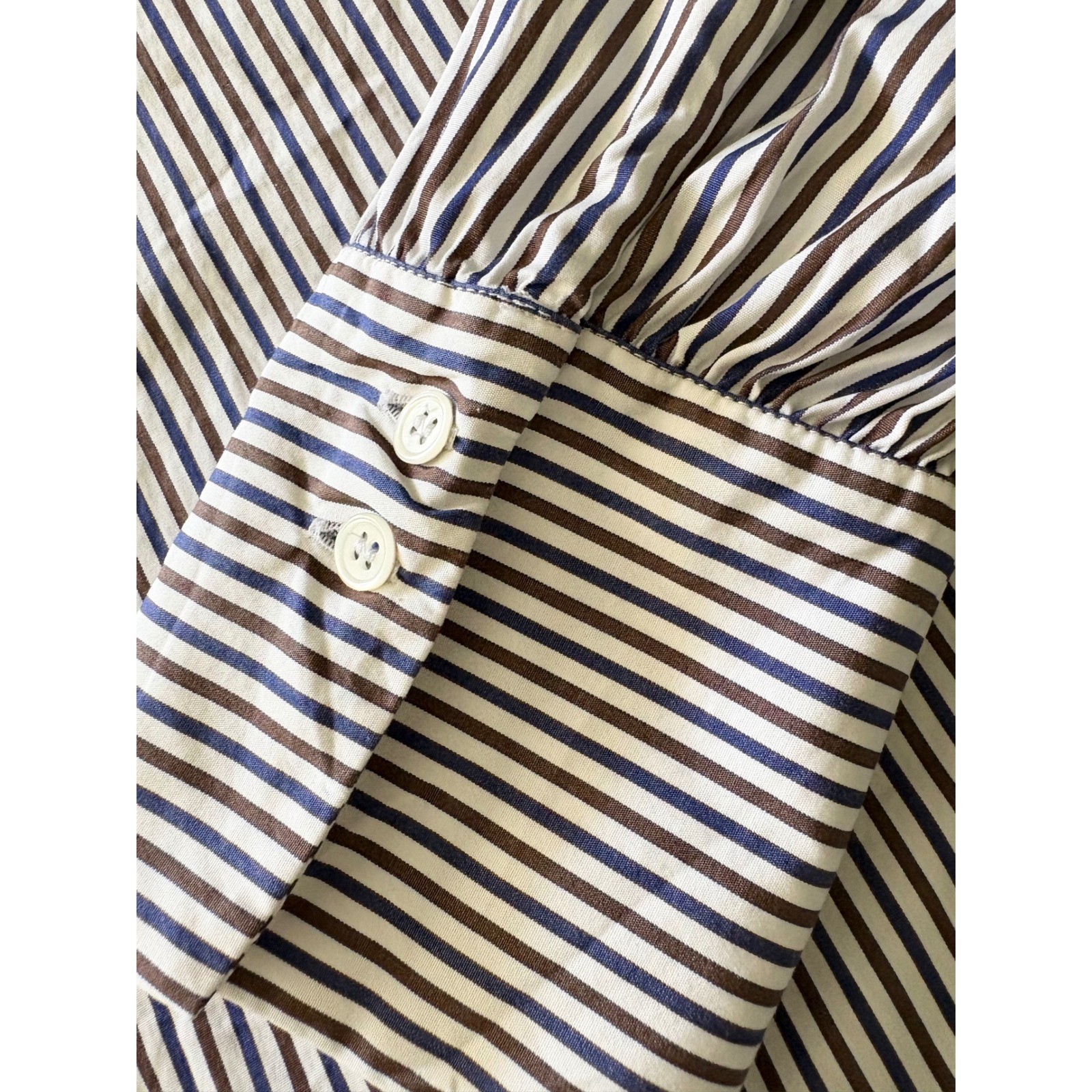 Caliban Italy Striped Button Down Shirt Navy Brown White Gathered Shoulder 46