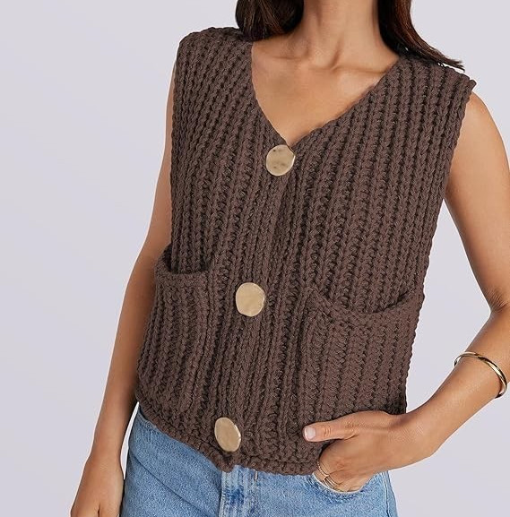 UEU Womens Chunky Sweater Vest Button Down Sleeveless Cardigan Dark Coffee Small