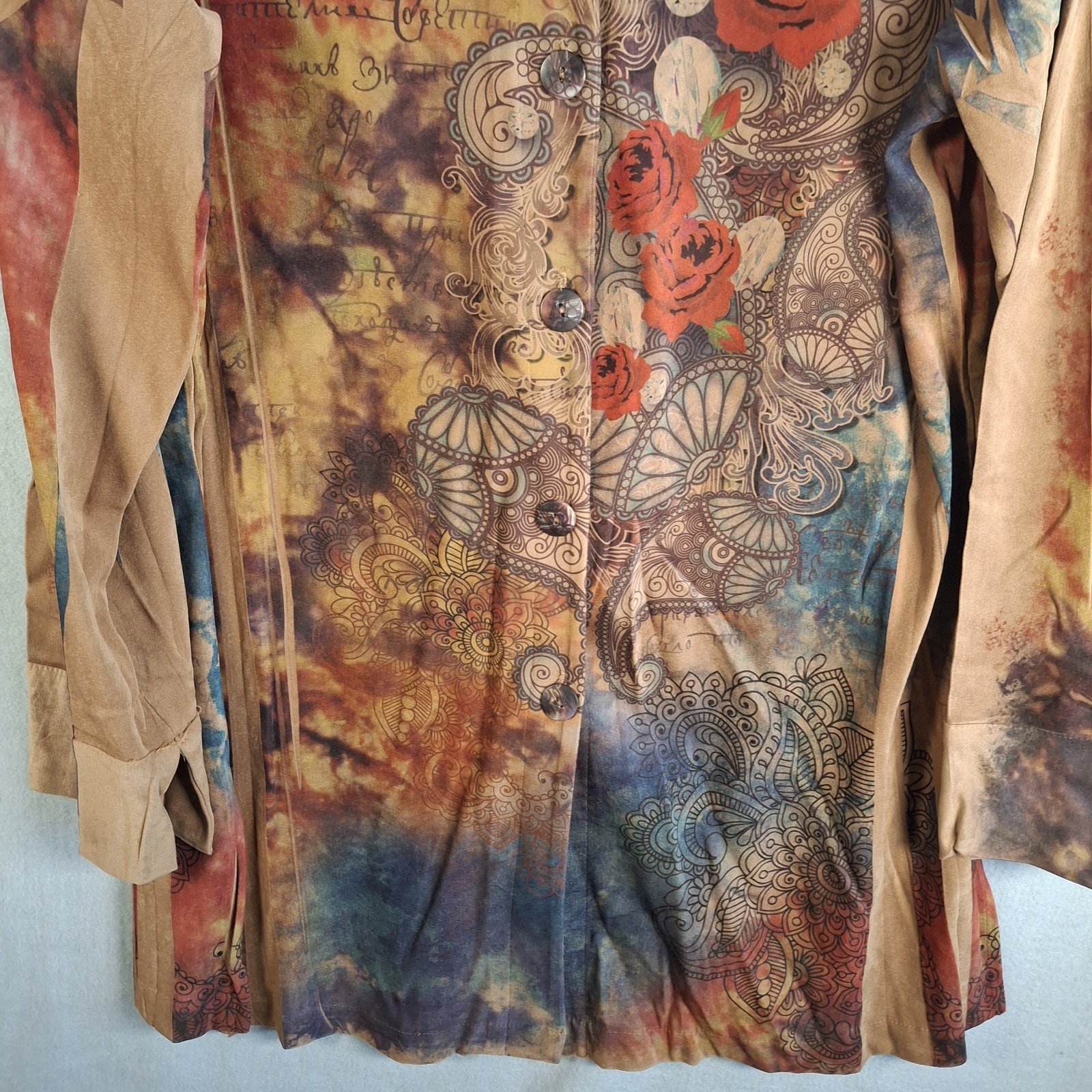 FANTAZIA Lagenlook Tunic Shirt 1X Art To Wear Rose Floral Script Made in USA ITY