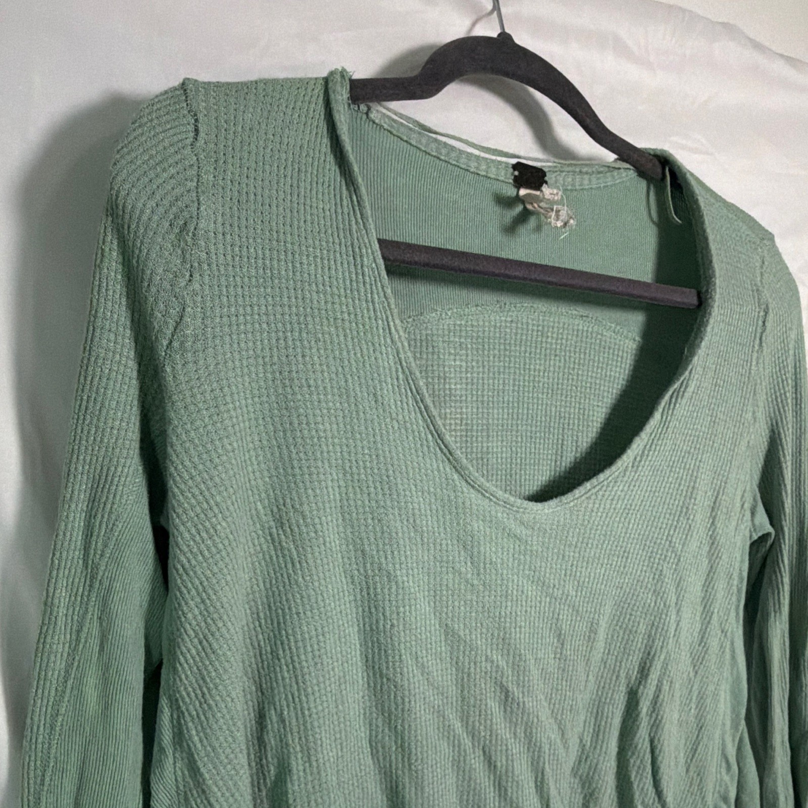 Green Waffle Knit Scoop Neck Ruffle Long Sleeve Top