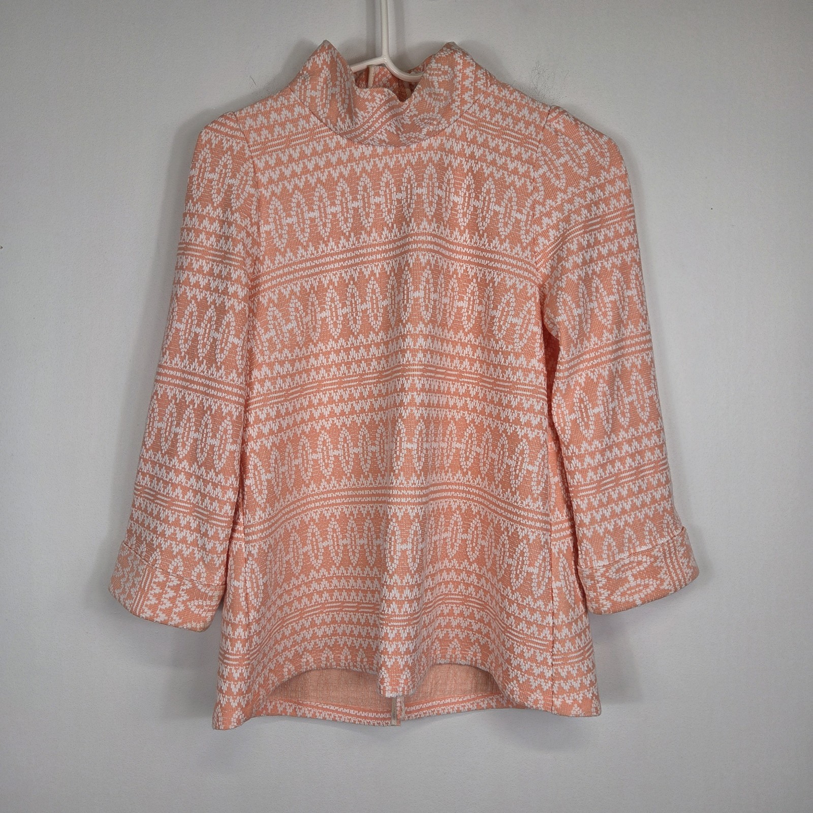 BURU Long Sleeve Mod Top Size XS Coral Orange Mock Neck 3/4 Sleeve Button Back
