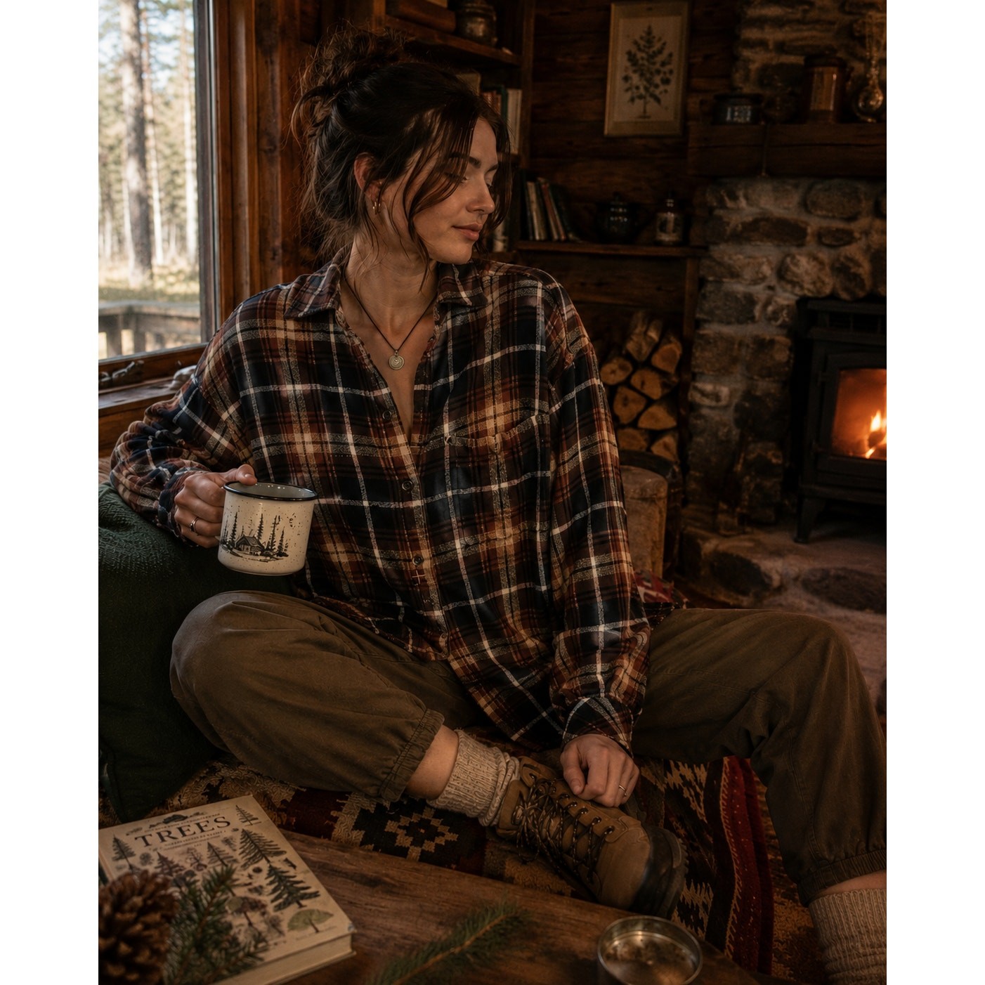 Beach Lunch Lounge Brown Black Plaid Shirt SP Cabincore Outdoors Camping Flannel