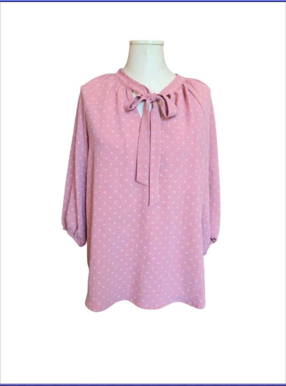 Olivia & Martin Womens L Top Shirt Blouse Pink Polka Dot Stretch 3/4 Sleeve