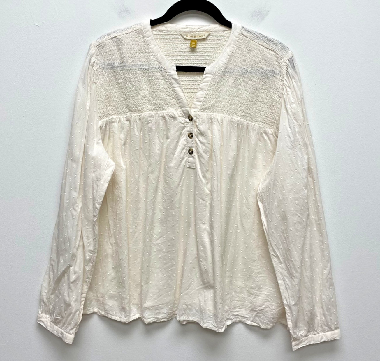 Downeast Peasant Blouse Womens Cream Smocked Yoke Embroidered Eyelet Top XXL