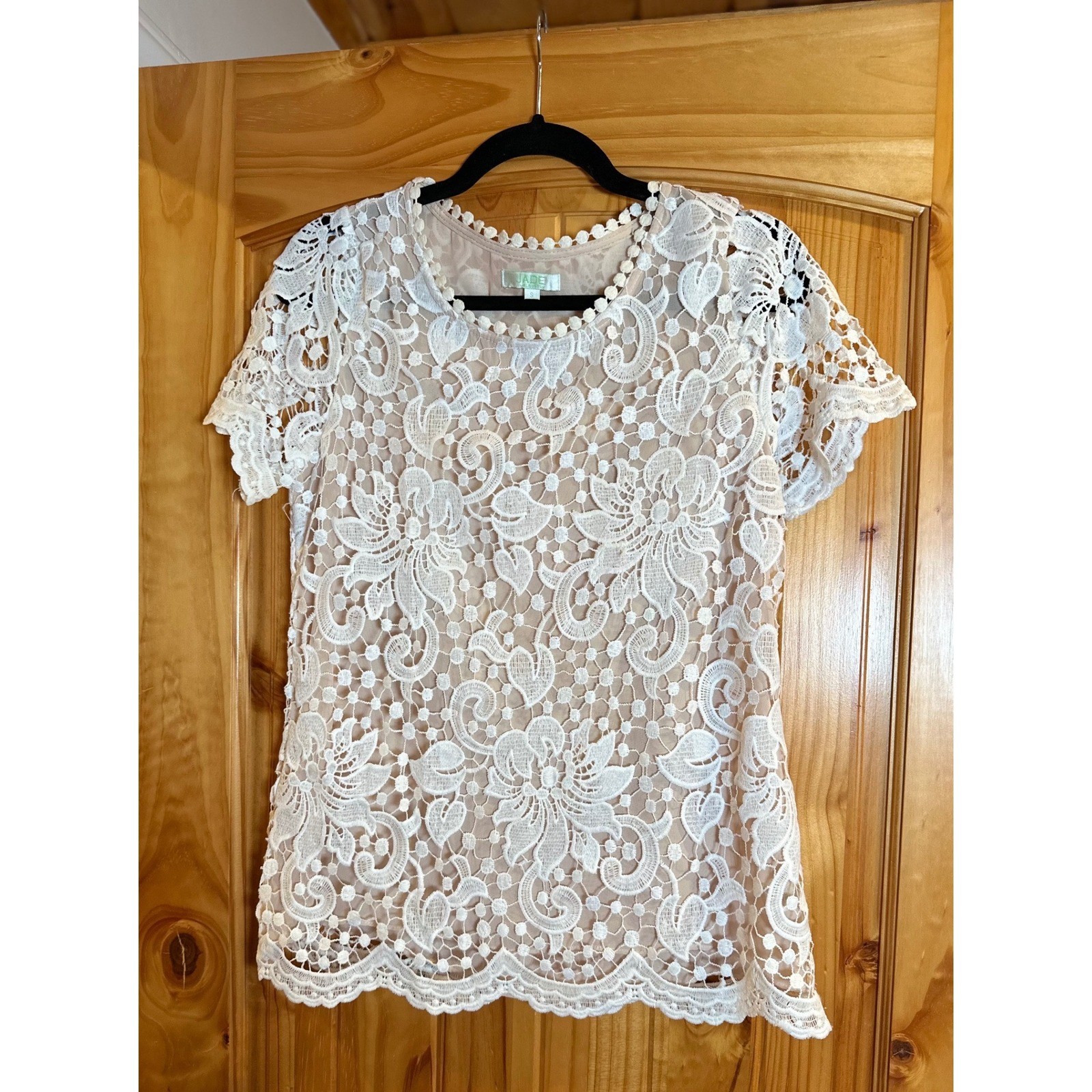 Jade Melody Tam White Floral Lace Pom Pom Trim Short Sleeve Blouse Top Small
