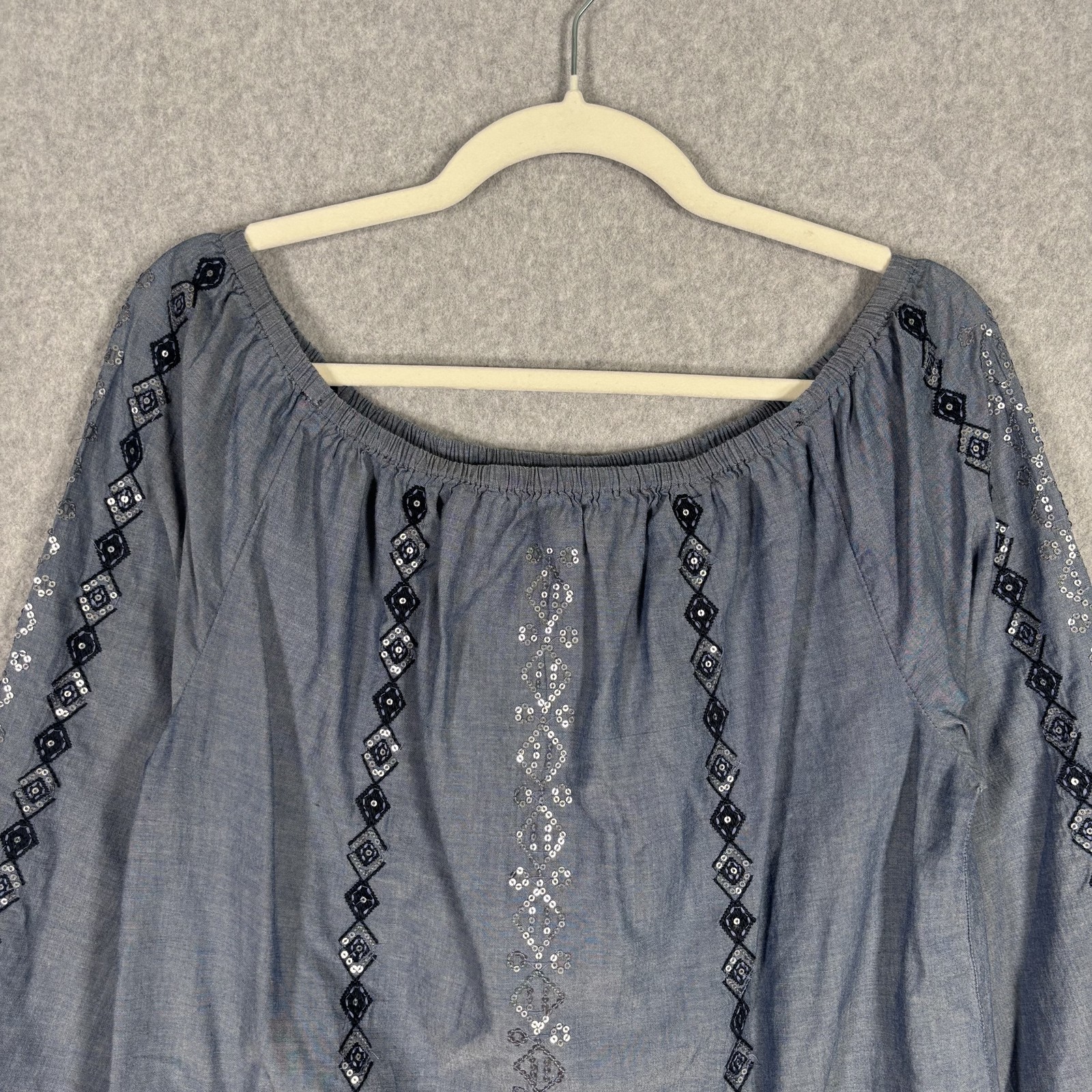 Chicos Peasant Top Small Embroidered Sequin Chambray Cotton Boho Cottage Sparkle