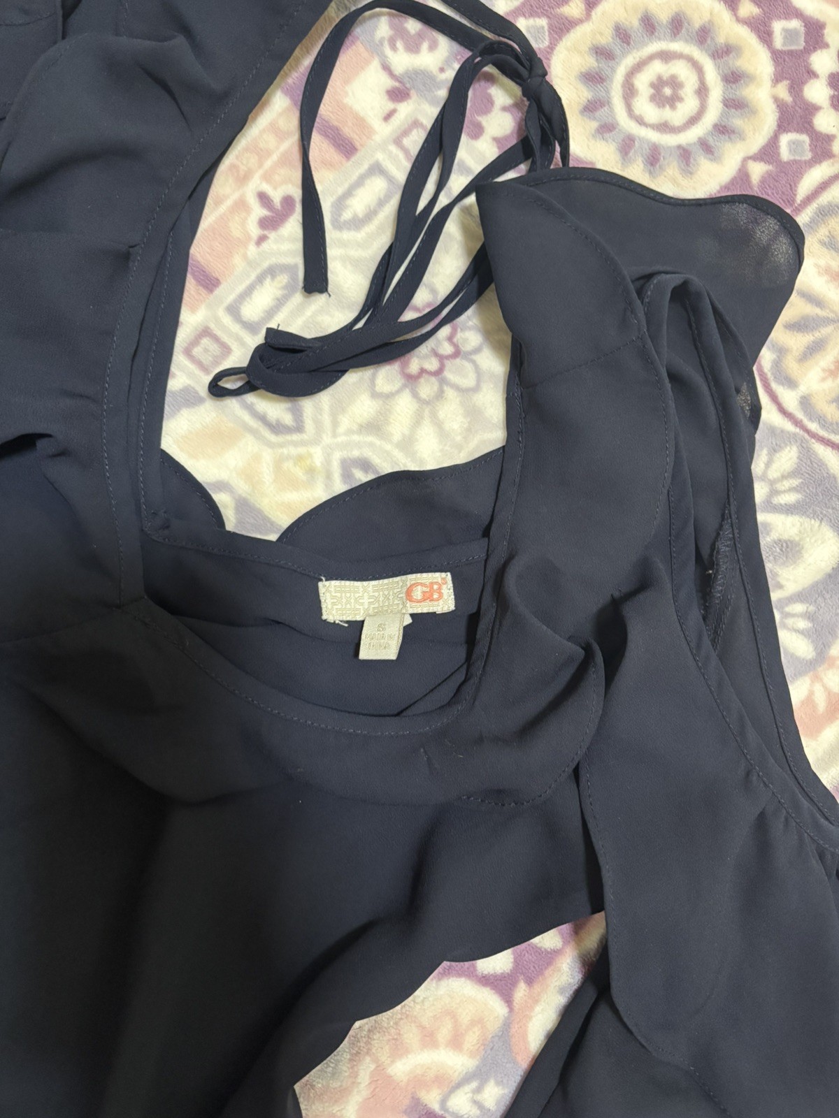 Womens Navy Blue Cold Shoulder Ruffled Boho Sheer Blouse Size Small