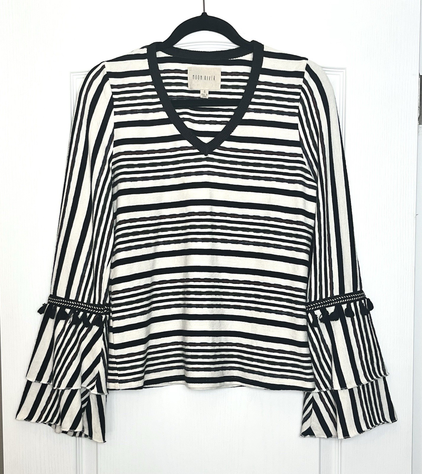 Anthropologie Moon River Striped Bell Sleeve Top Sz XS W/ Tassels Multicolor