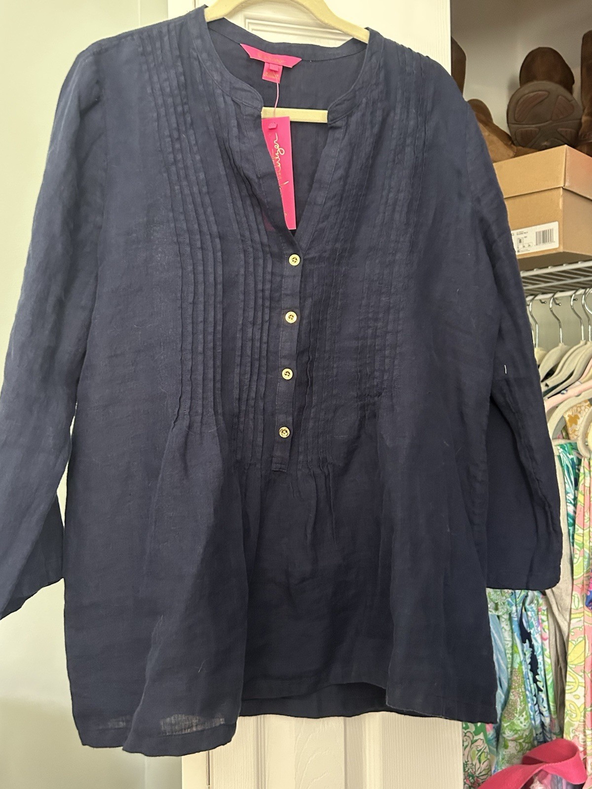 Lilly Pulitzer Sarasota Tunic Linen Top Resort Navy L Bohemian Cottagecore Prep