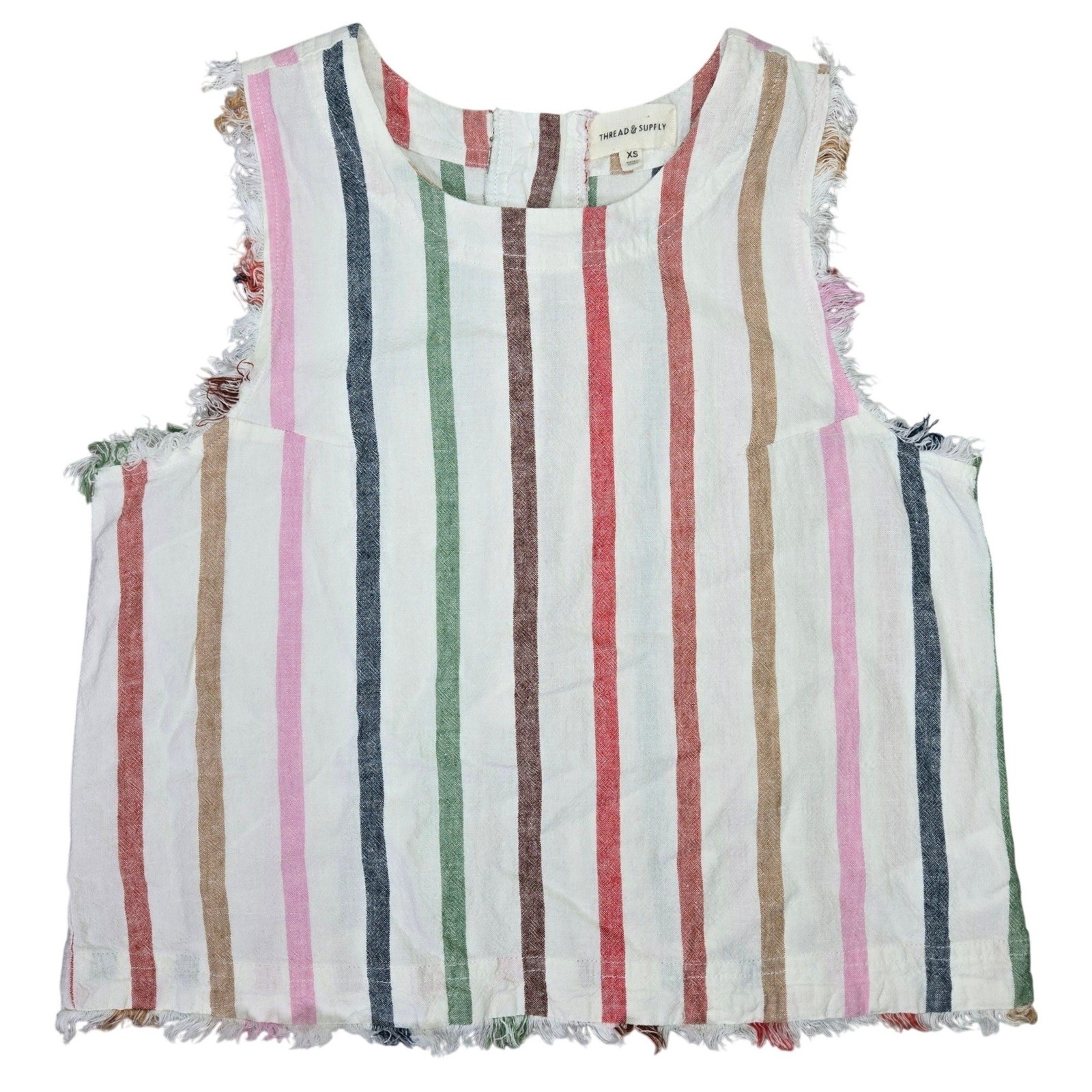 Thread & Supply Rainbow Striped Linen Blend Tank Top Frayed Hem XS T2195LRVM
