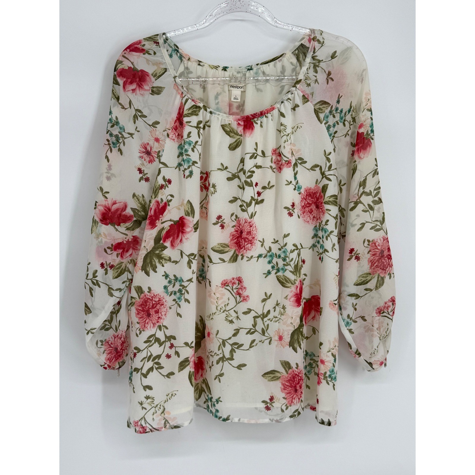 Westport Womens Floral Scoop Neck Blouse White Pink Long Sleeve Tie Cuffs Sz L