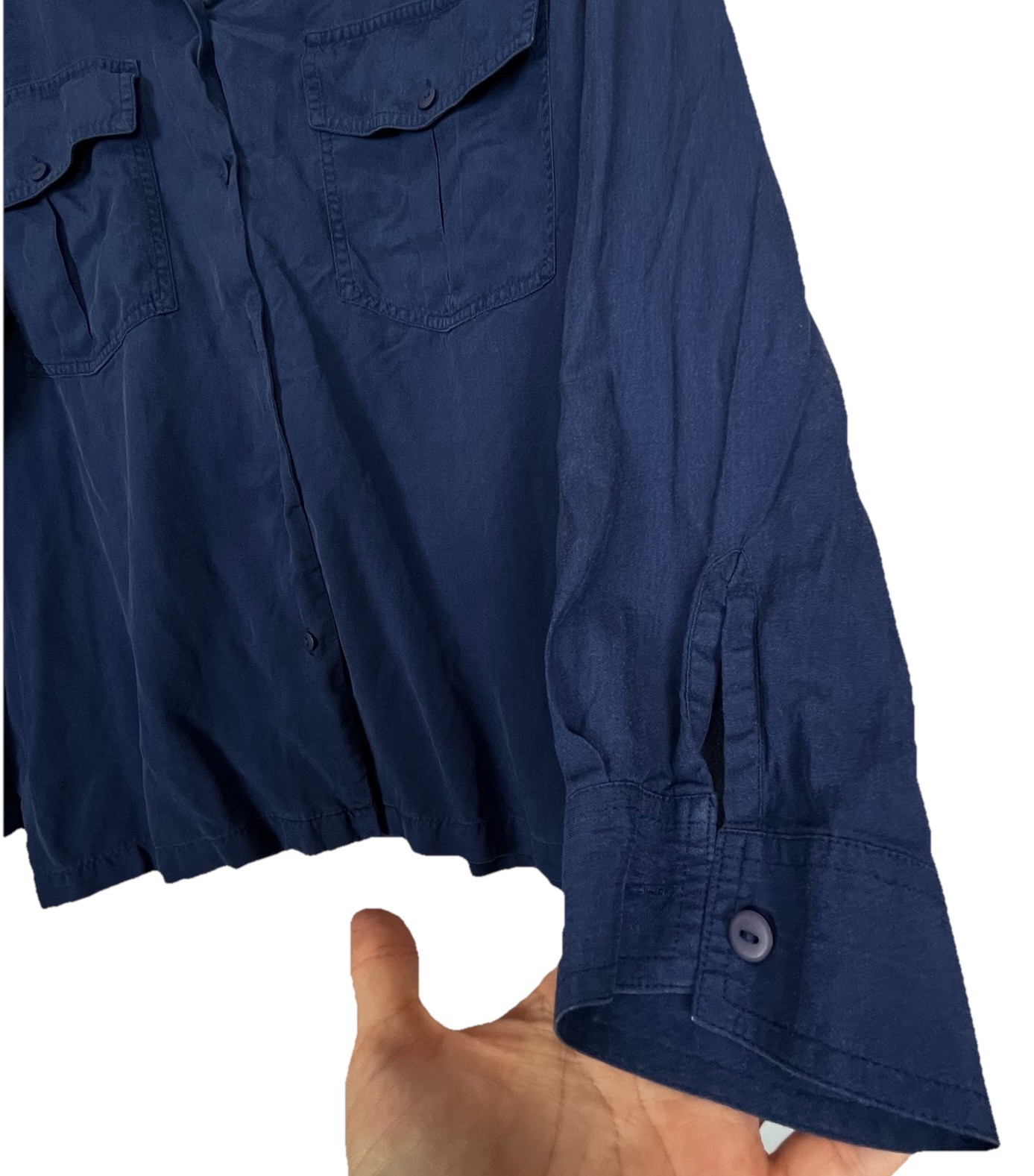 100% Silk Crepe Blouse Blue Button Front Women Size L Matte Lightweight