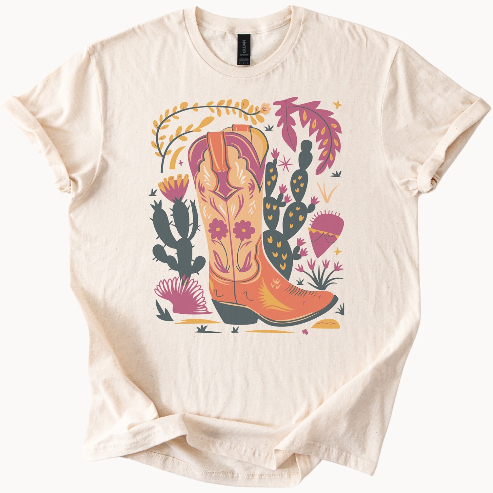 Cowboy Boot Cactus Floral Graphic Tee Western Desert Wildflower Shirt