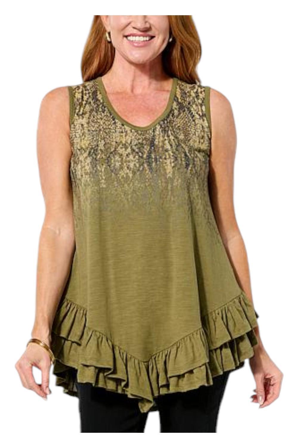 DG2 by Diane Gilman Women’s Slub Knit Placed Ruffled-Hem Tank Lt Olive