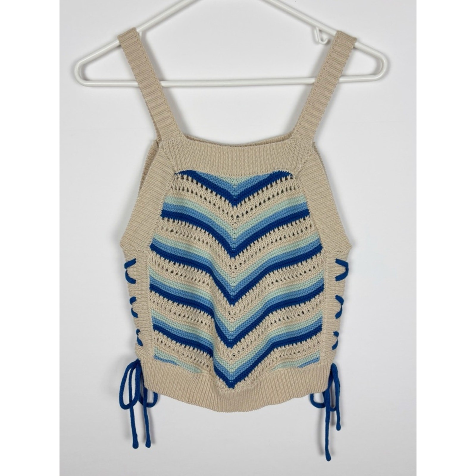 BCBGeneration CottonLace-Up Side Crochet Tank Size Small Cream Blue