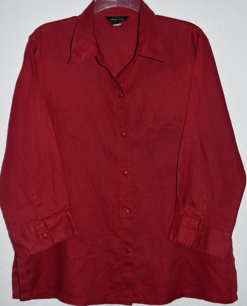 Moda International 100% Linen Button Front Shirt Womens Large RED Costal Party