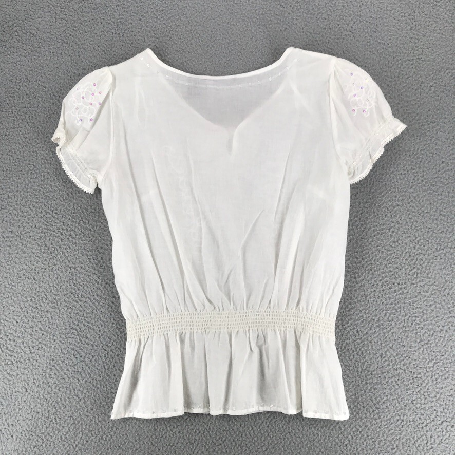 Elena Solano Blouse Women Size L Sheer Embellished Elastic Waist Ivory
