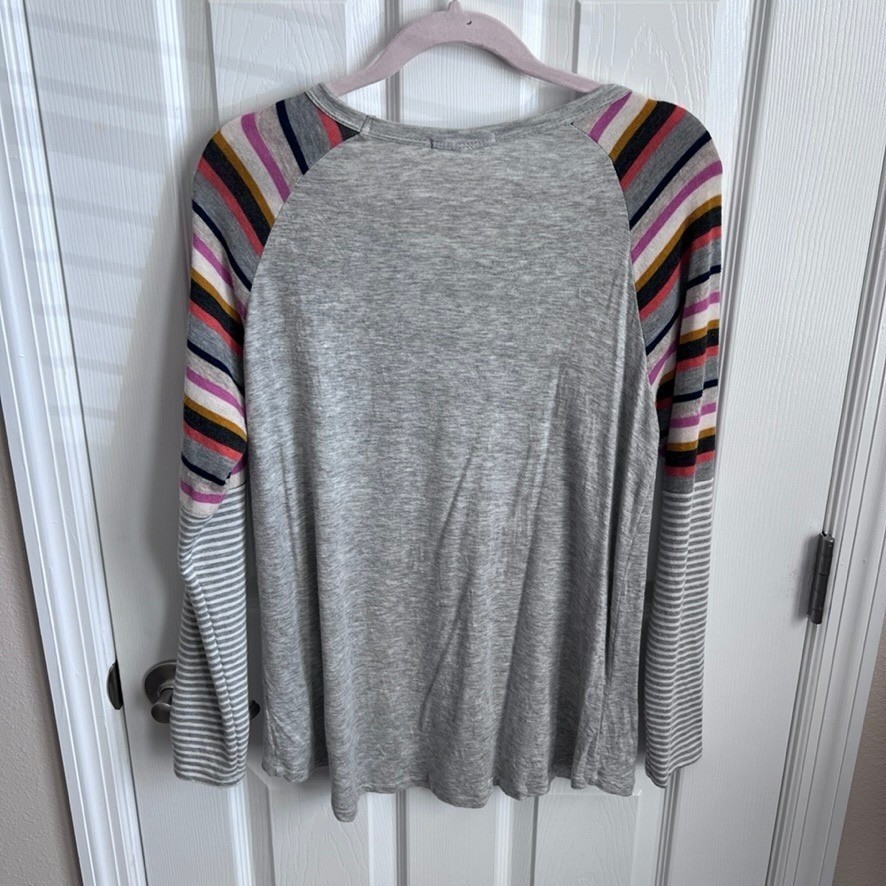 STACCATO Womens Gray Raglan Sleeve Striped Pocket Long Sleeve Top Size M