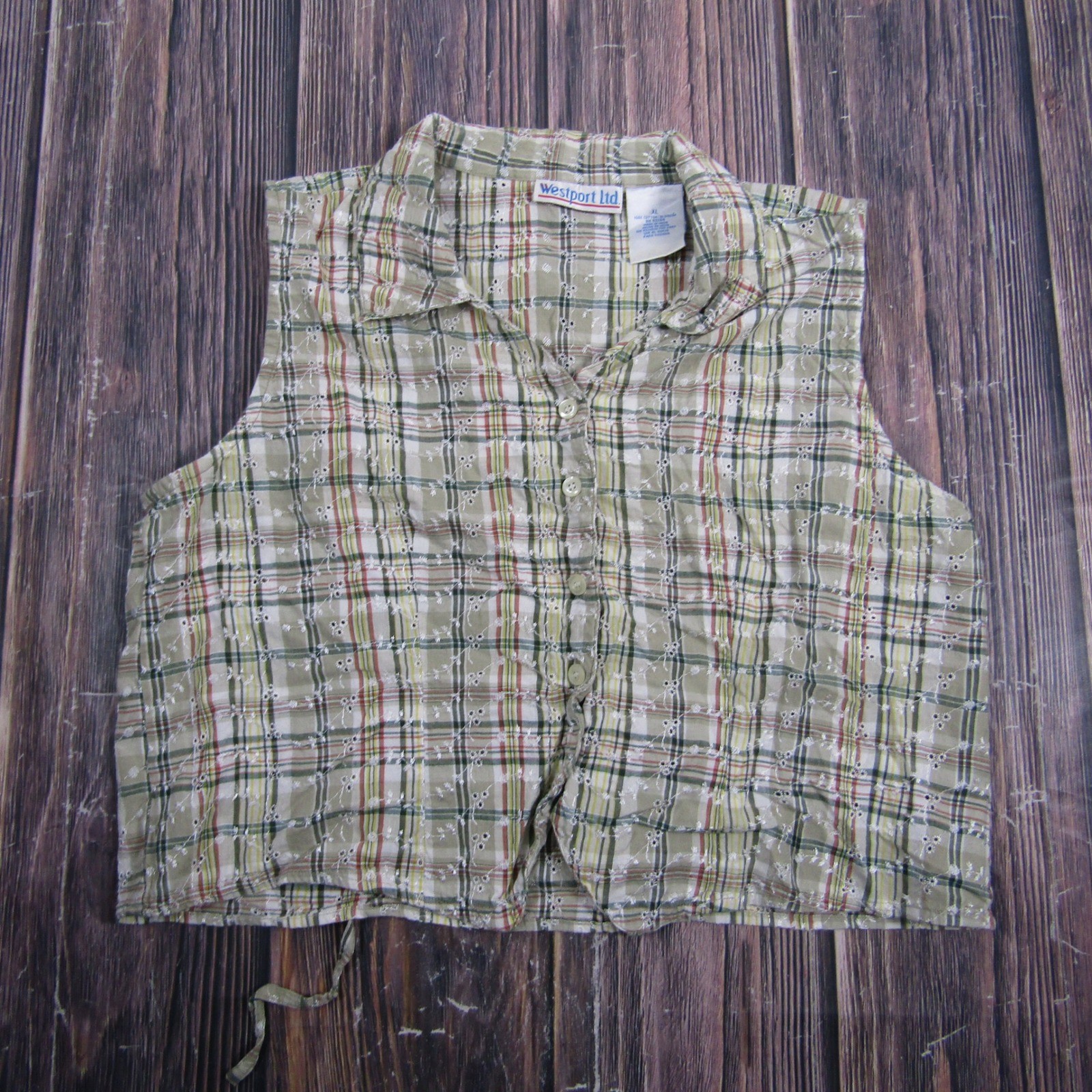 Westport Ltd Plaid Vest Women XL Green Floral Eyelet Embroidered Cotton Top
