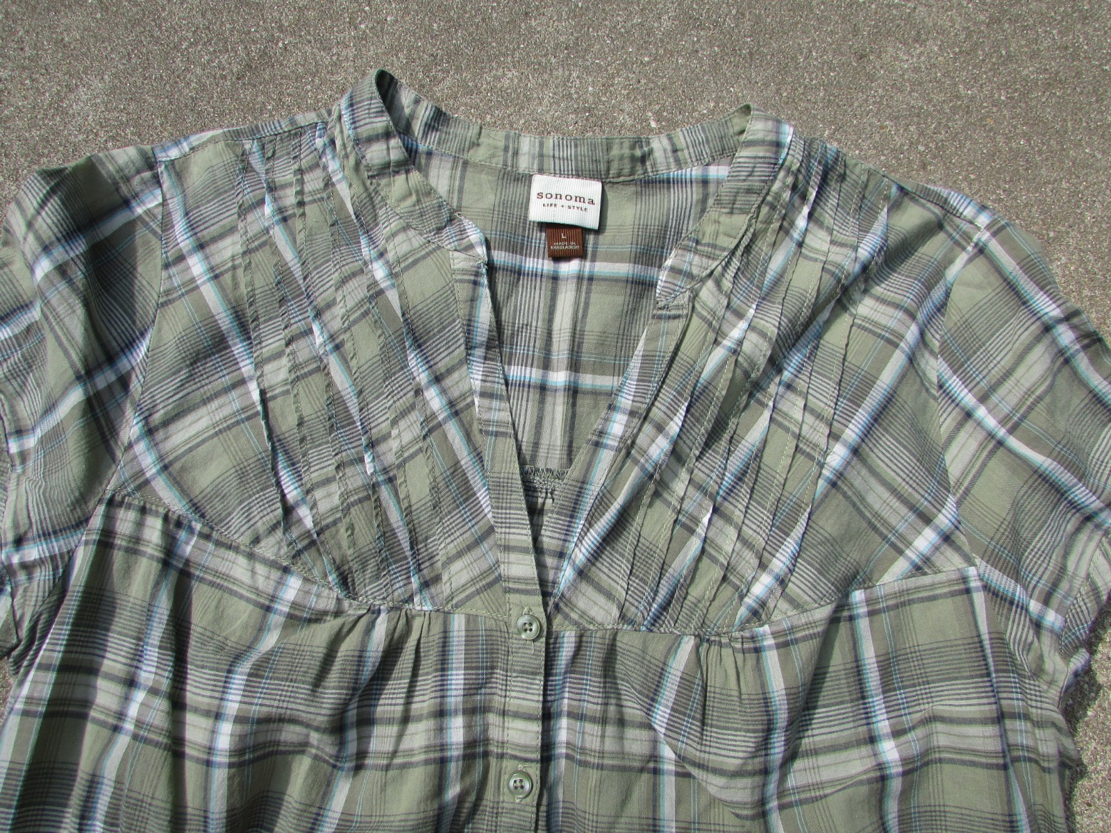 Sonoma Life Style Green White Plaid Cap Sleeve Button Up Cotton Shirt Size L