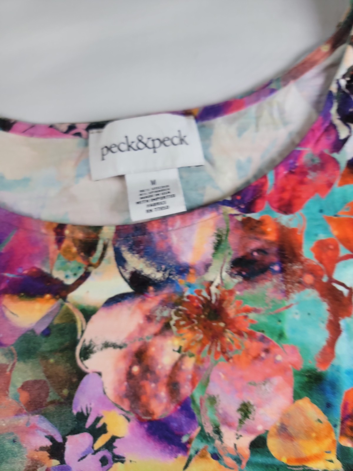 Peck&Peck M Artistic Watercolor Floral Tunic – Vibrant Jewel-Tone Stretch Top