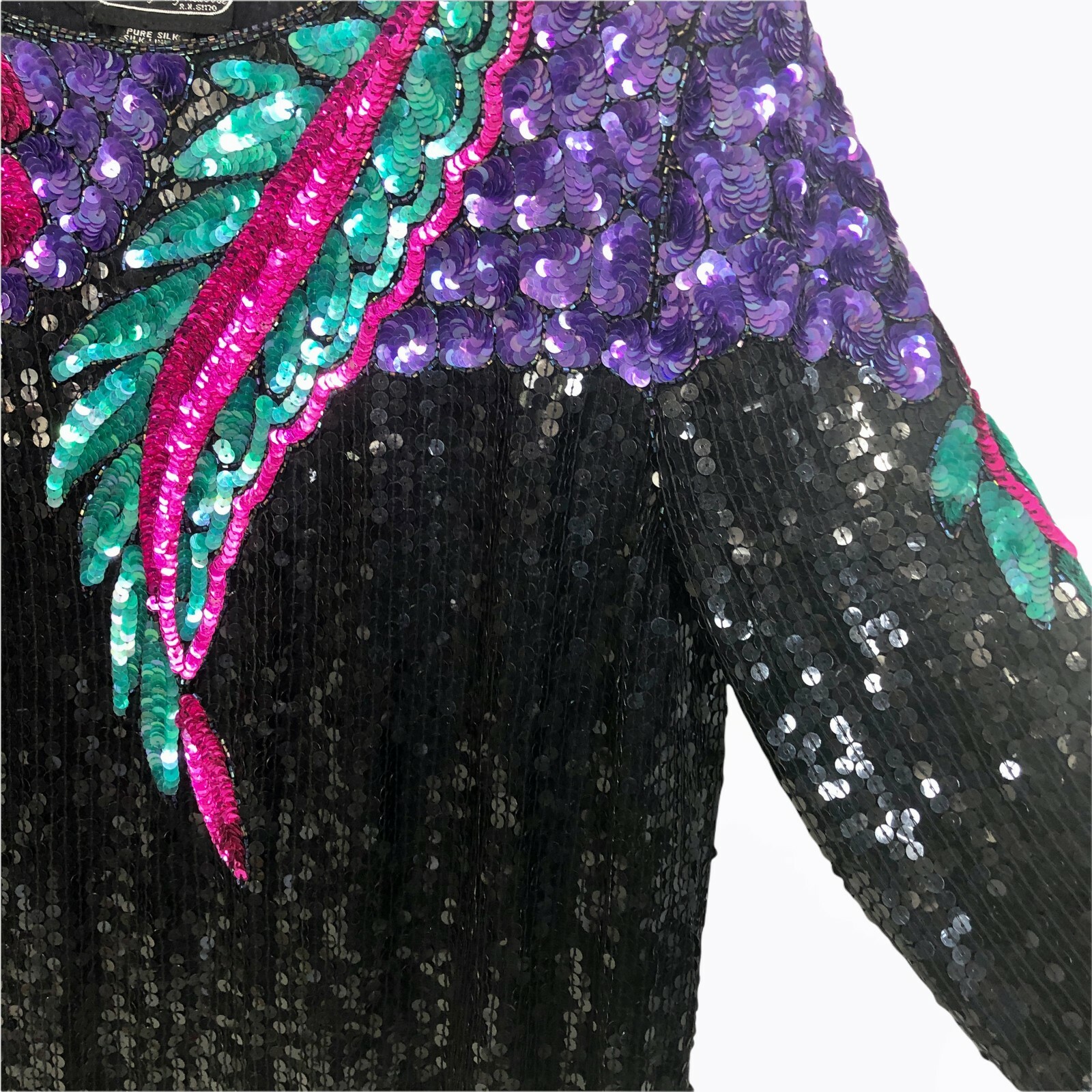 Vtg 80s Jean for Joseph Le Bon Silk Sequined Top Womens Large Beaded Retro Glam