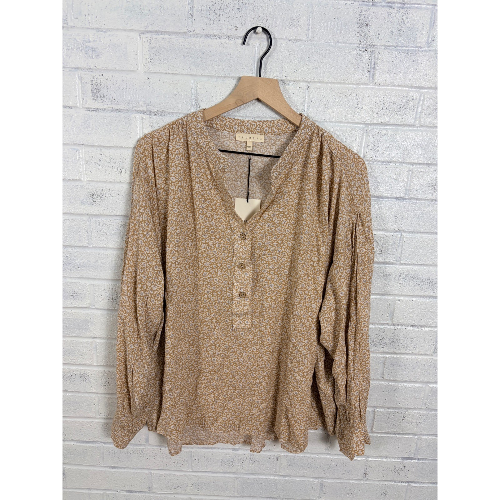 Promesa Floral Blouse Womens L Mustard Yellow Long Sleeve Boho Peasant Top