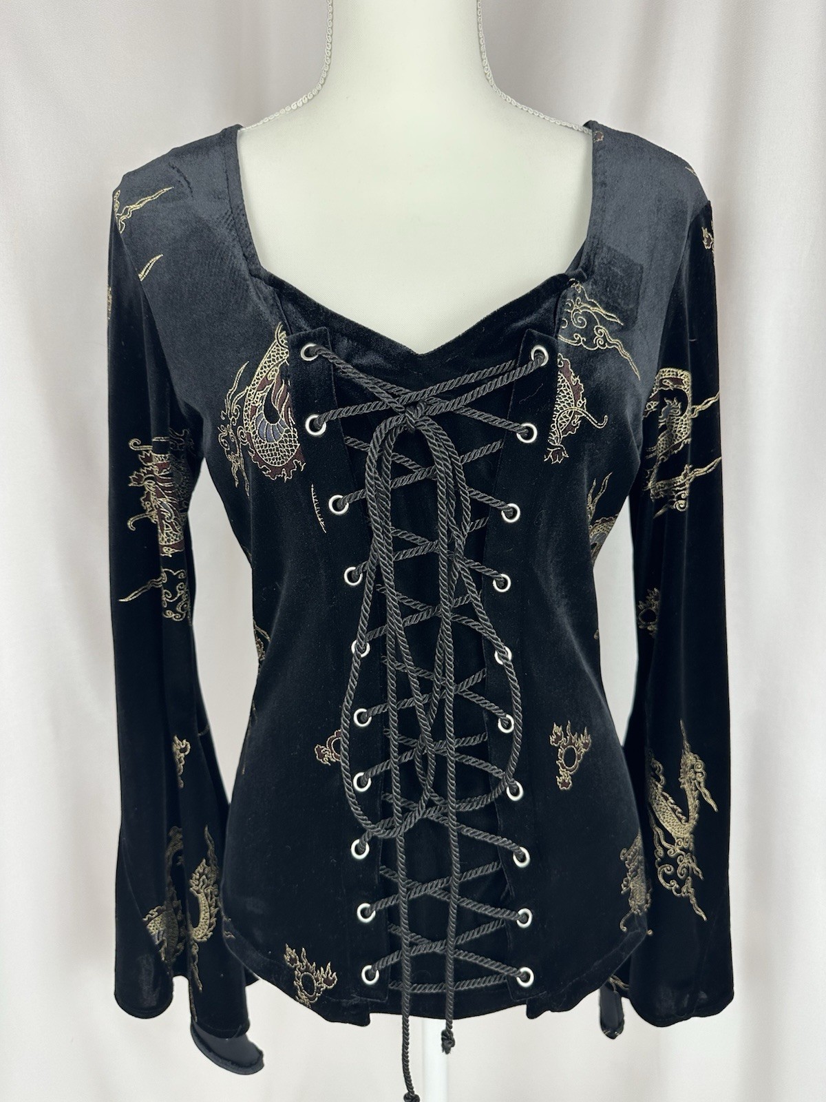 Shrine of Hollywood Black Velvet Lace Up Top With Dragon Print Medium