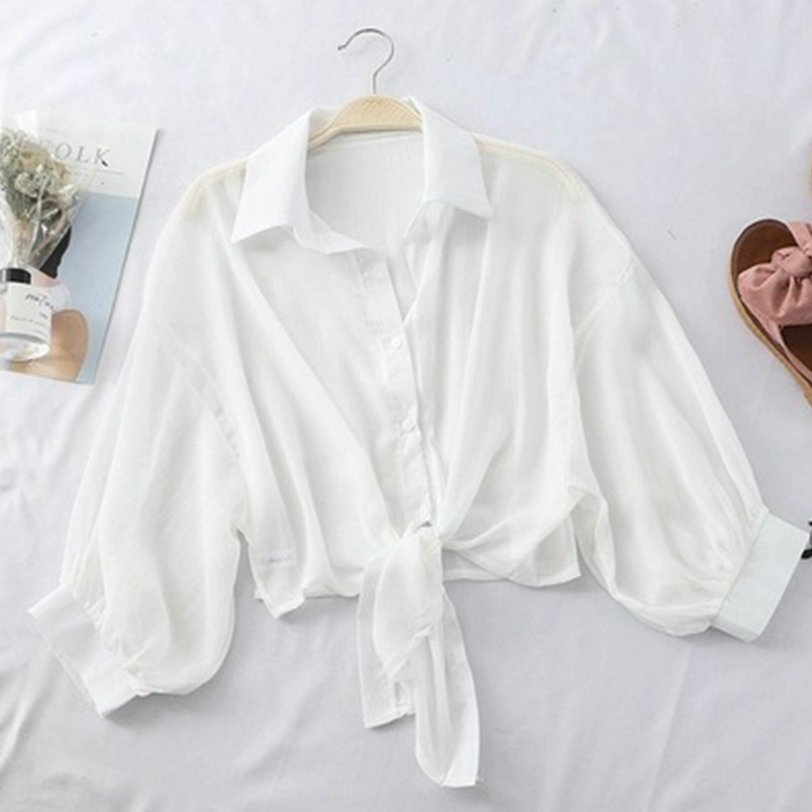 Women Long Sleeve Blouse Crop Top Front Knot Cardigan Button Down Lapel Shirt