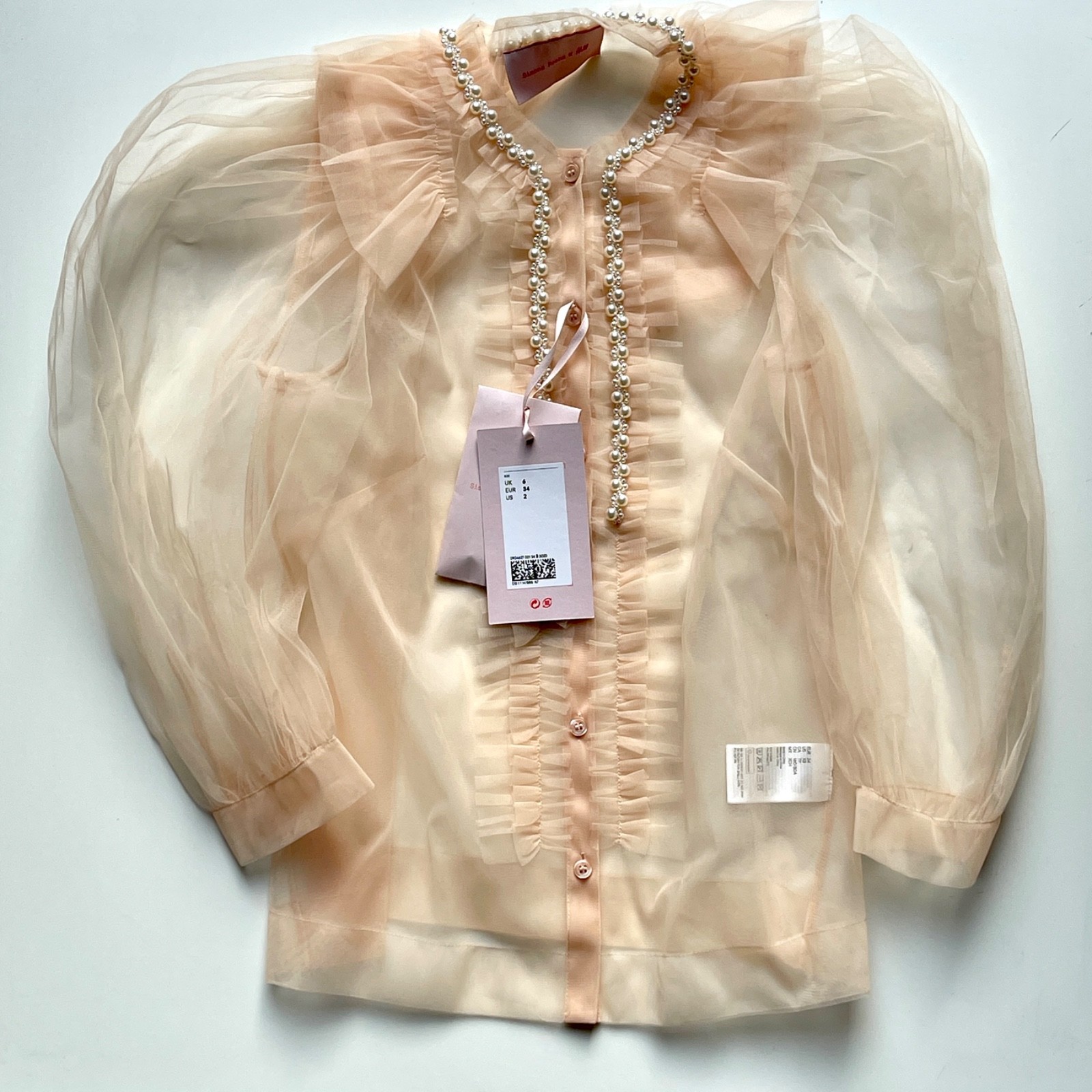 Simone Rocha x H&M Peach Tulle Blouse Pearl Detail Puff SleeveBNWT UK6 EUR34 US2