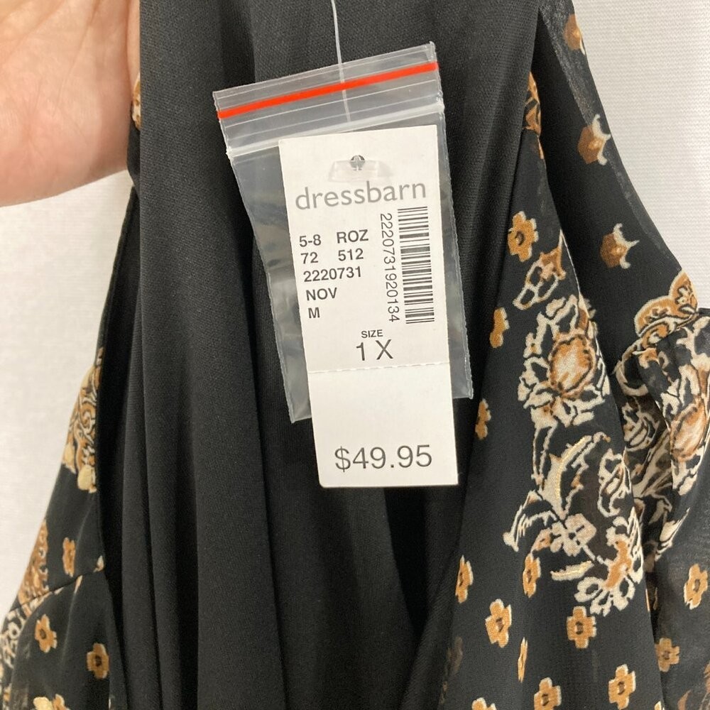 New Roz & Ali size 1X Black Gold Pleated Metallic Boho Print Blouse Romantic