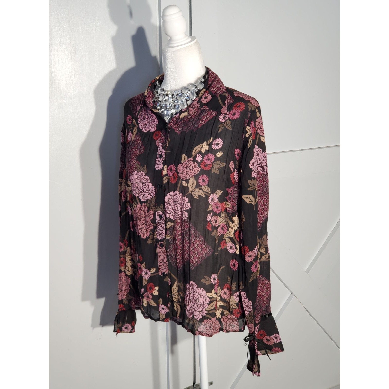 APOSTROPHE FLORAL FORMAL BLOUSE COLOR BLACK LONG SLEEVE POLYESTER SIZE M