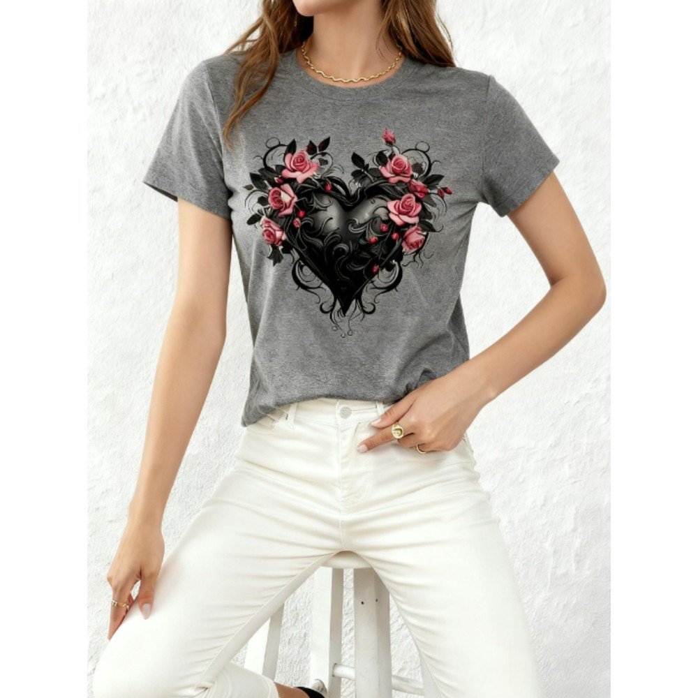 Women’s Casual T-Shirt Gothic Heart Rose Unique Floral Heart Graphic Tee Women
