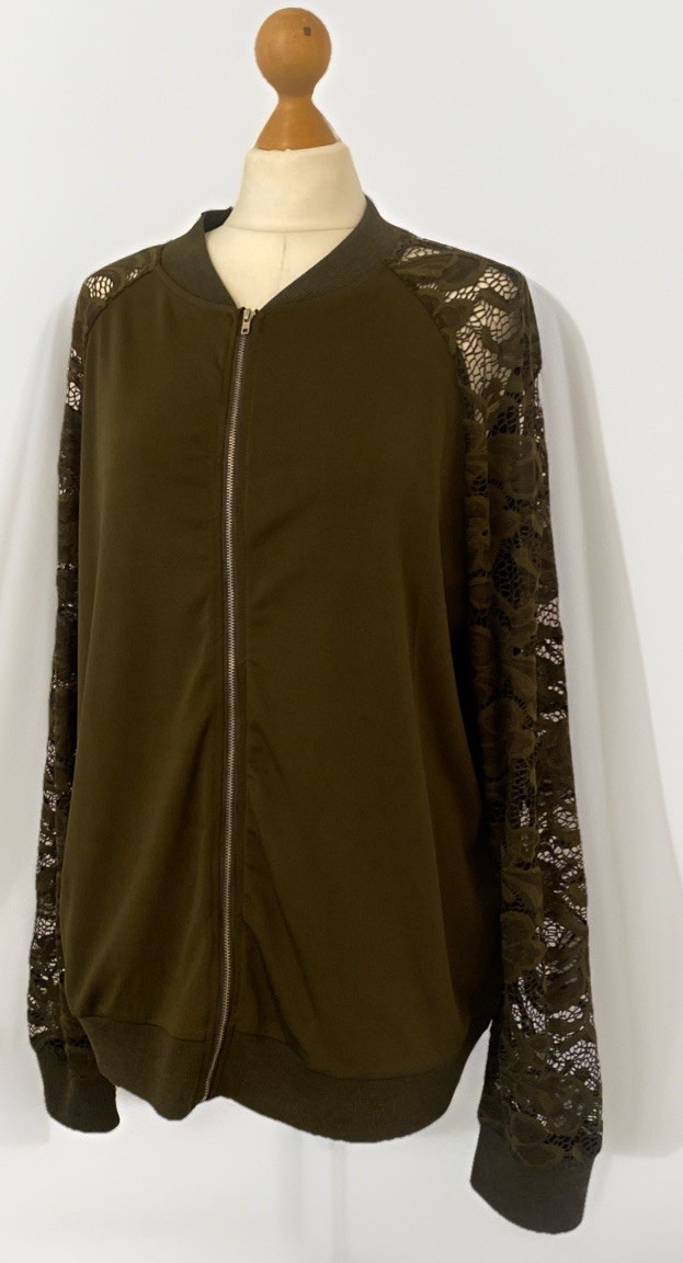 Olive Green Top With Zip And Decorative Sleeves Size XXL Stretchy Fabric New
