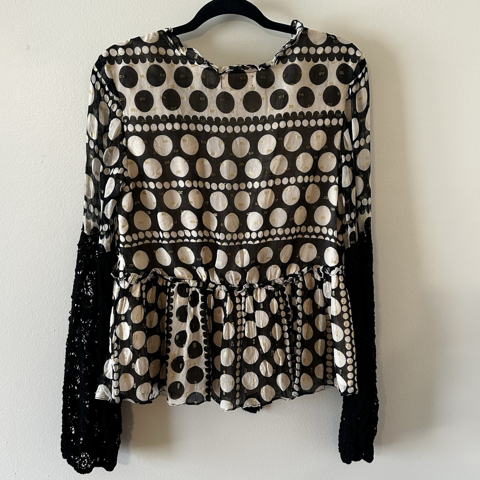 Verb Pallavi Singhee Crochet Peasant Blouse Babydoll Top Polka Dot Tie Front M