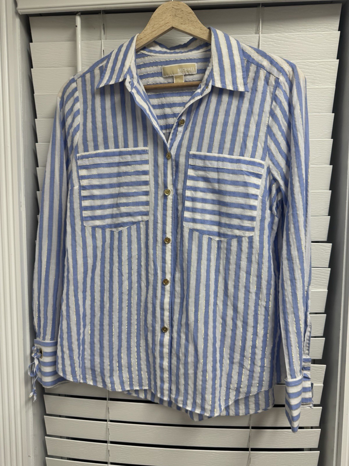 Michael Kors Blue & White Striped Gold Style Long Sleeve Button Up Women’s S