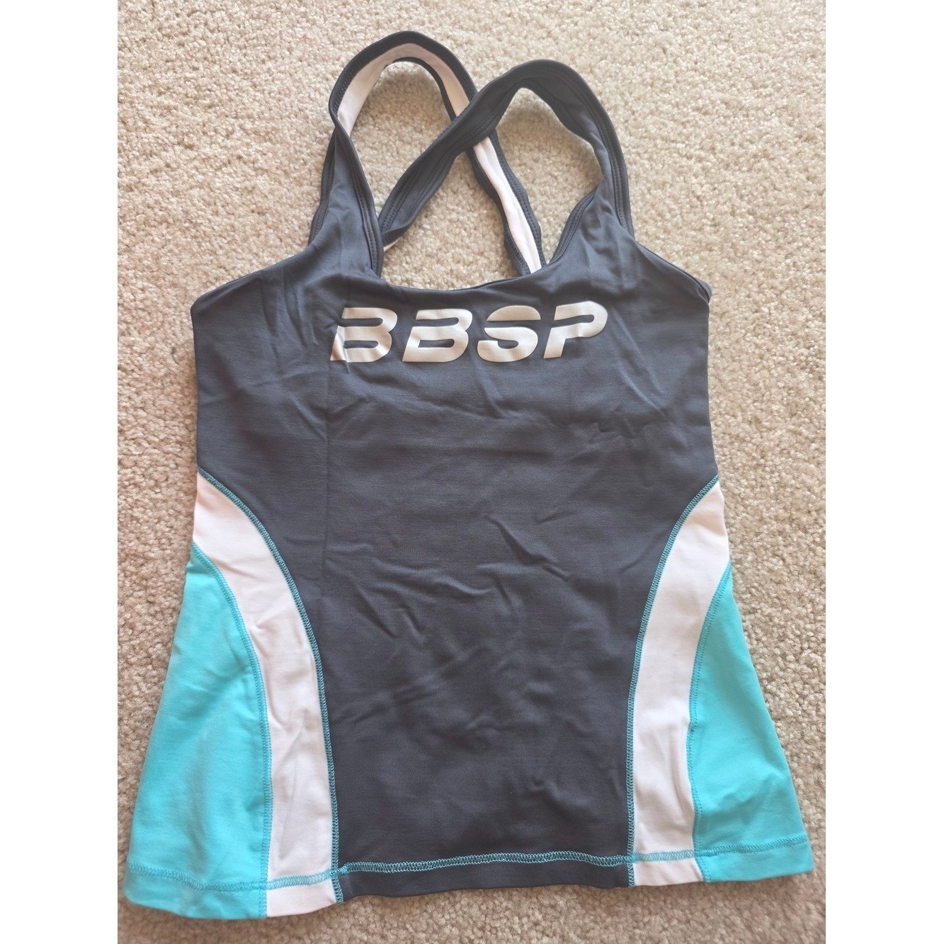 bebe Gray, White & Aqua Racerback Tank Size Small