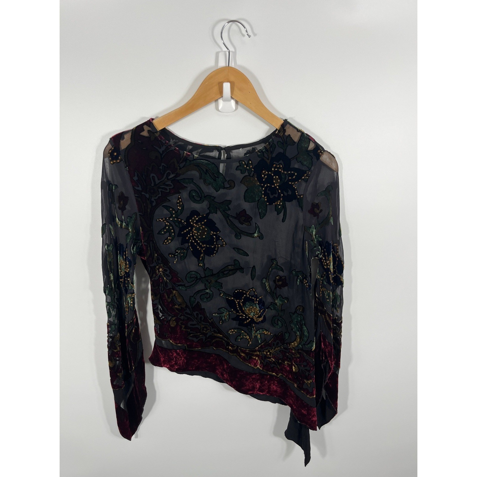 Y2K Dark Fairy Womens Top L Black Sheer Velvet Beaded Asymmetrical Flare Sleeve