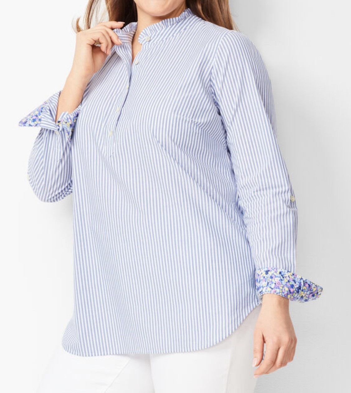 TALBOTS Blue & White Striped Coastal COTTON POPOVER Roll Tab Sleeves (L) NWOT