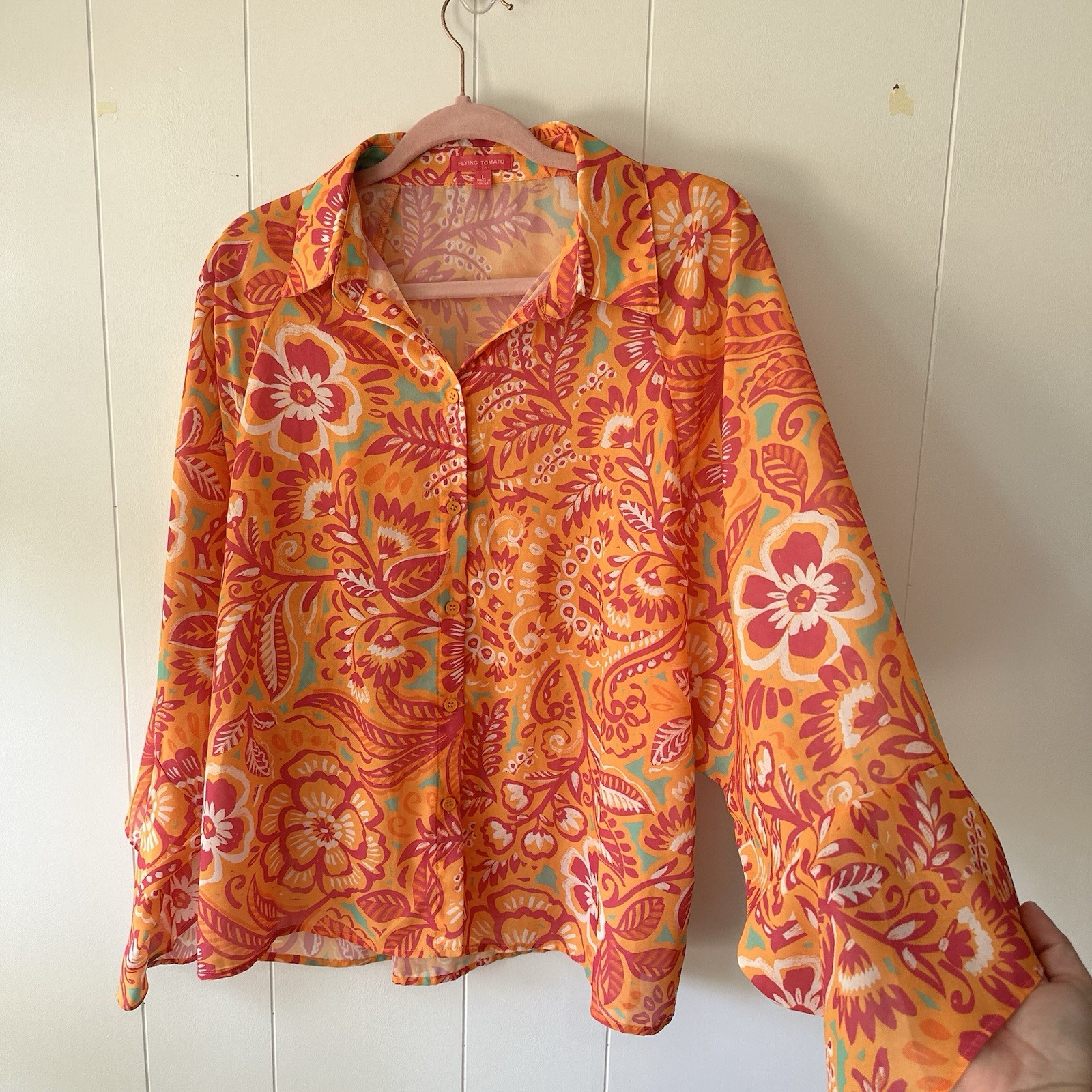 Flying Tomato I’ll always Remember You Woven Oversized Top Pink/Orange Floral LG