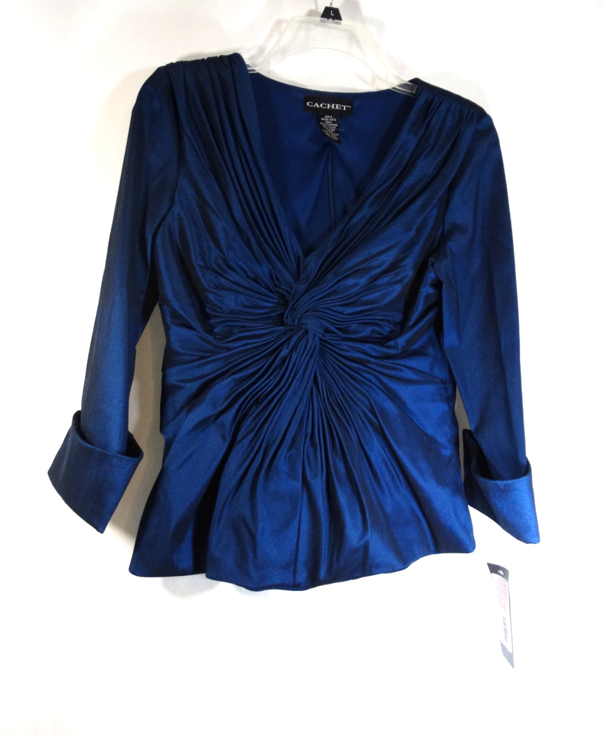 NWT-Cachet Women’s Blue Satin-Like Blouse Twist-Front Knot Zipper Back Size 6