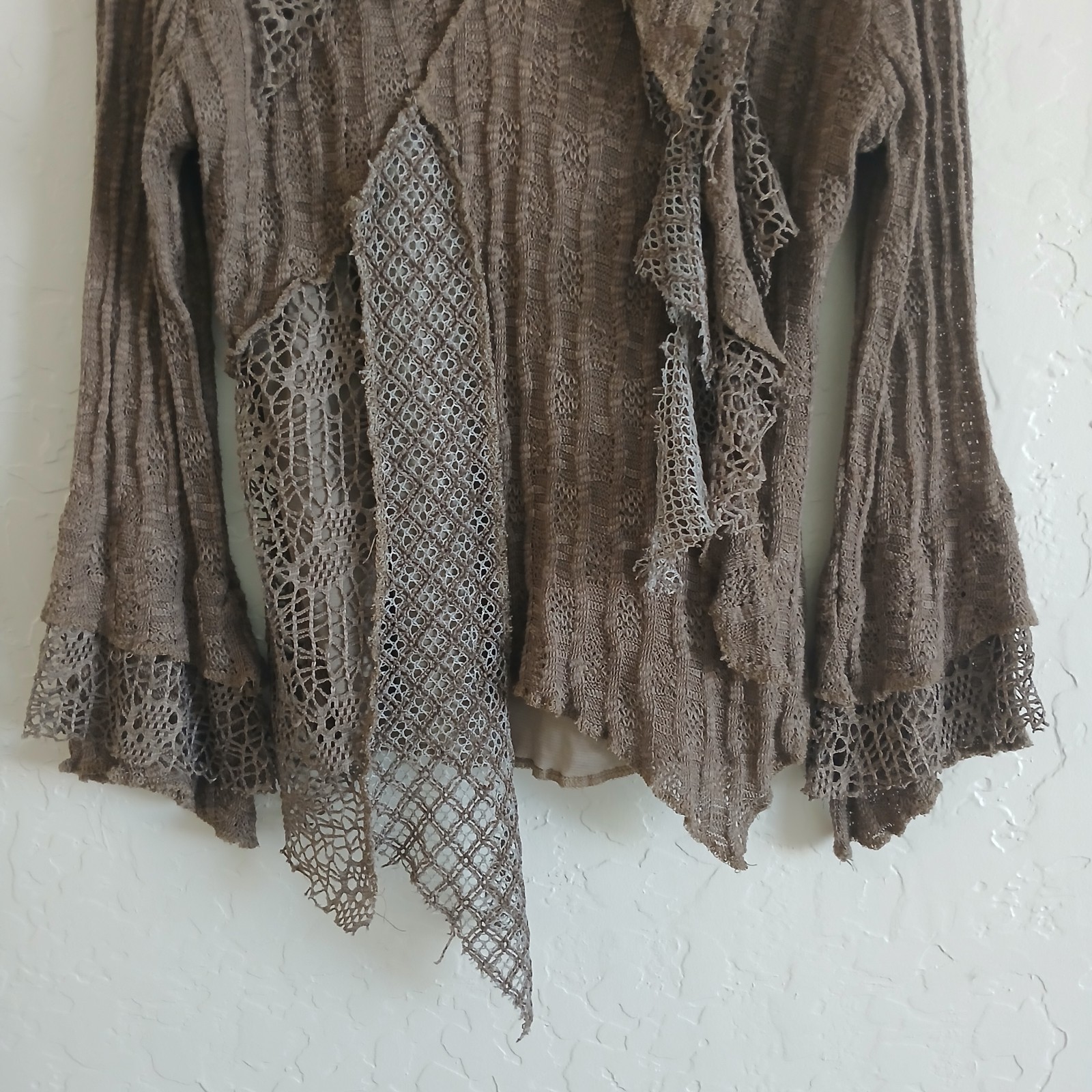 PRETTY ANGEL Mixed Media Goblincore Bell Sleeve Top Women’s L Brown Crochet