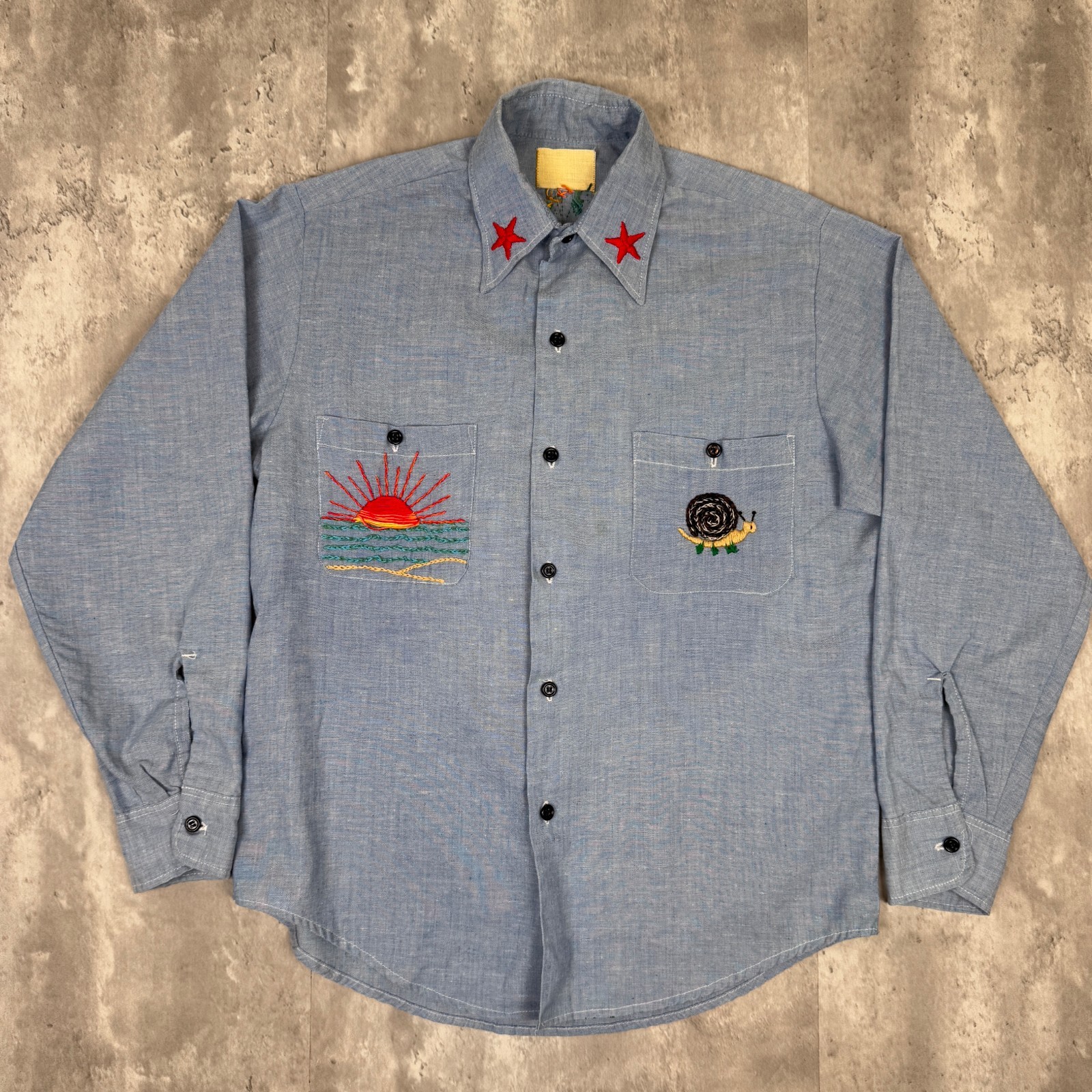 Vintage JC Penney Big Mac Button Up Shirt Mens Medium Chain Stitch Art 60s
