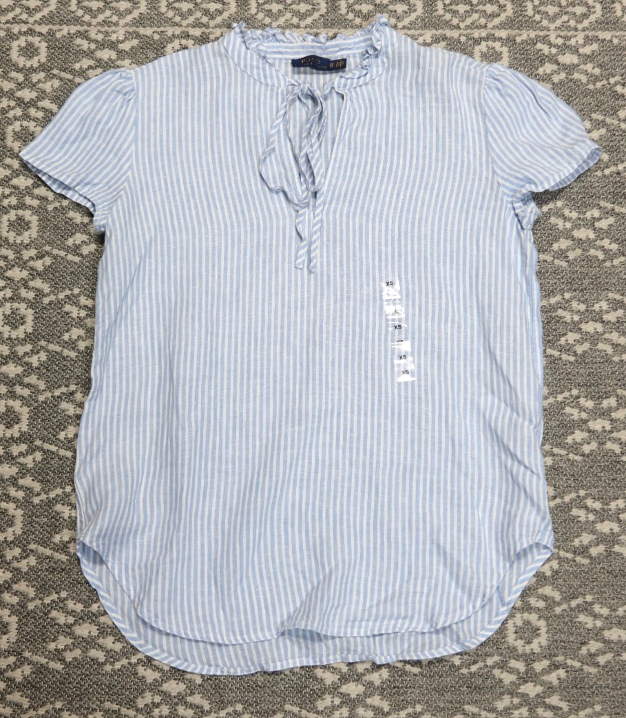 New Polo Ralph Lauren Women’s Linen Tie Neck Blouse with Cap Sleeves – Size XS