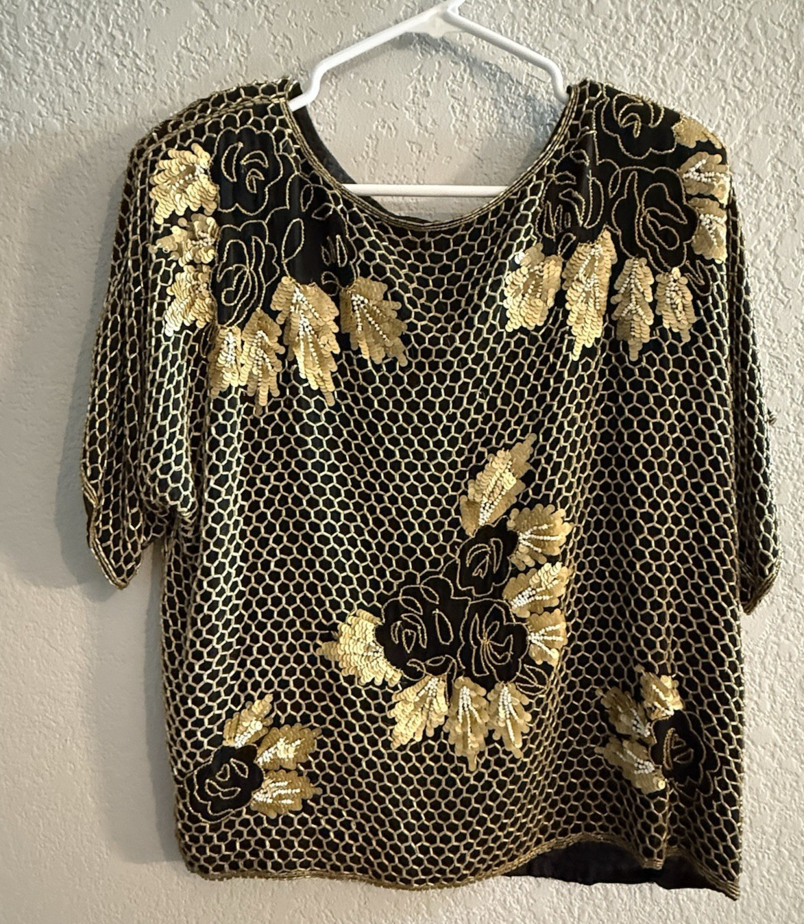 Vintage Jean for Joseph Le Bon 100% Pure Silk Black & Gold Sequin Top Women S