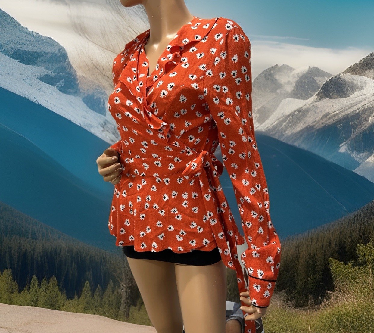 ganni top Orange Floral Size 40 M/L Wrap Belt And Ruffle Collar Long Sleeve